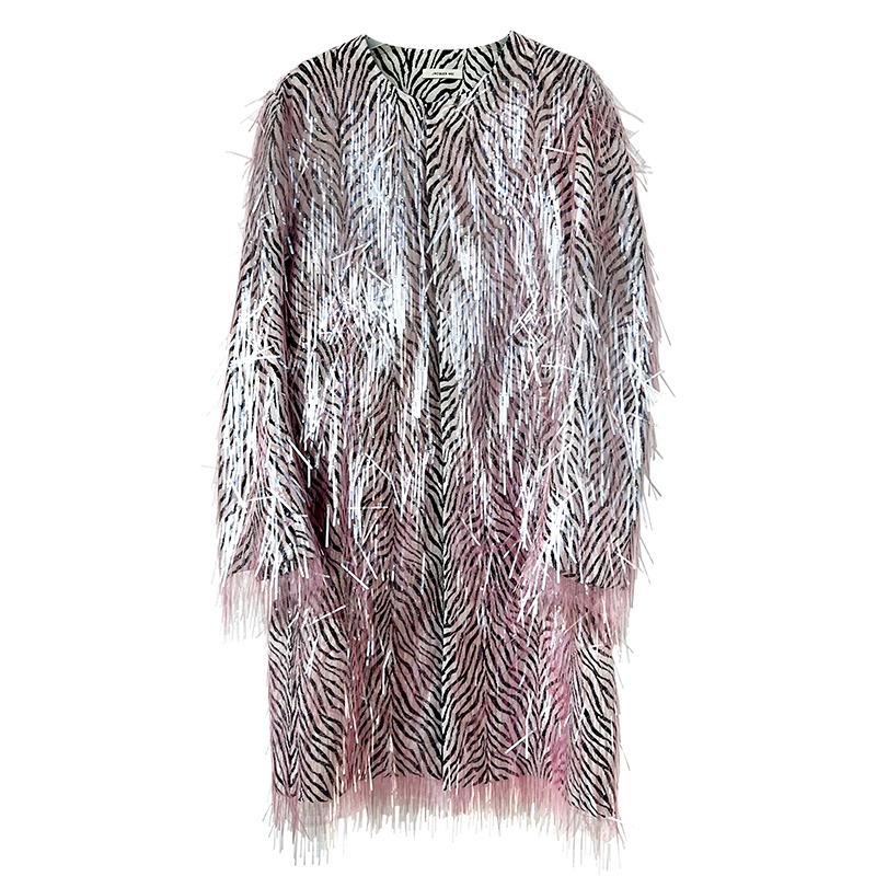 Zebra-Pattern Patchwork Fringe Sequin Coat