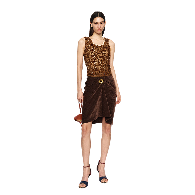 Dark Brown Horsehair Gold Buttons Ruched Velvet Midi Skirt