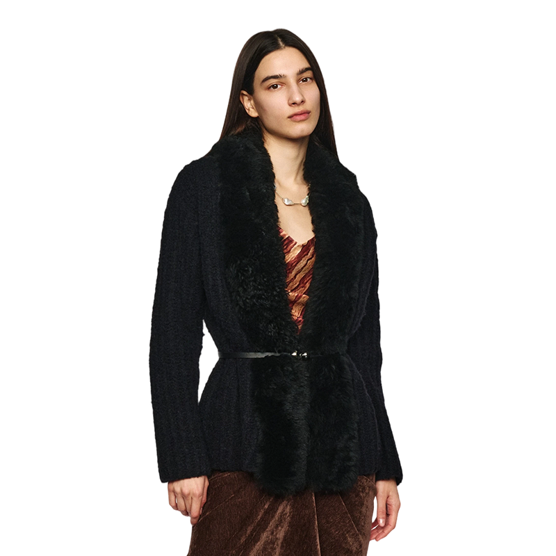 Women's Black Wool Cardigan with Fur Collar &amp; Knitted Waistbel