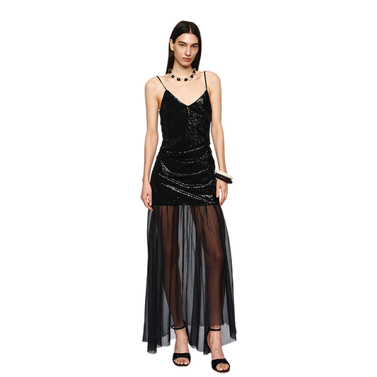 Black Sequin &amp; Sheer Panel Winter Dress
