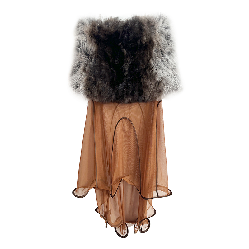 Silver Gradient Leather Mini Skirt with Dark Camel Rolled Hem – Sheer Panel Skirt