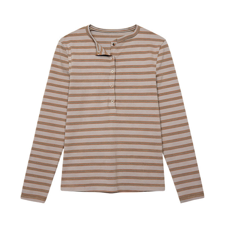 Brown Distressed Wave Collar Striped Long-Sleeve Tee