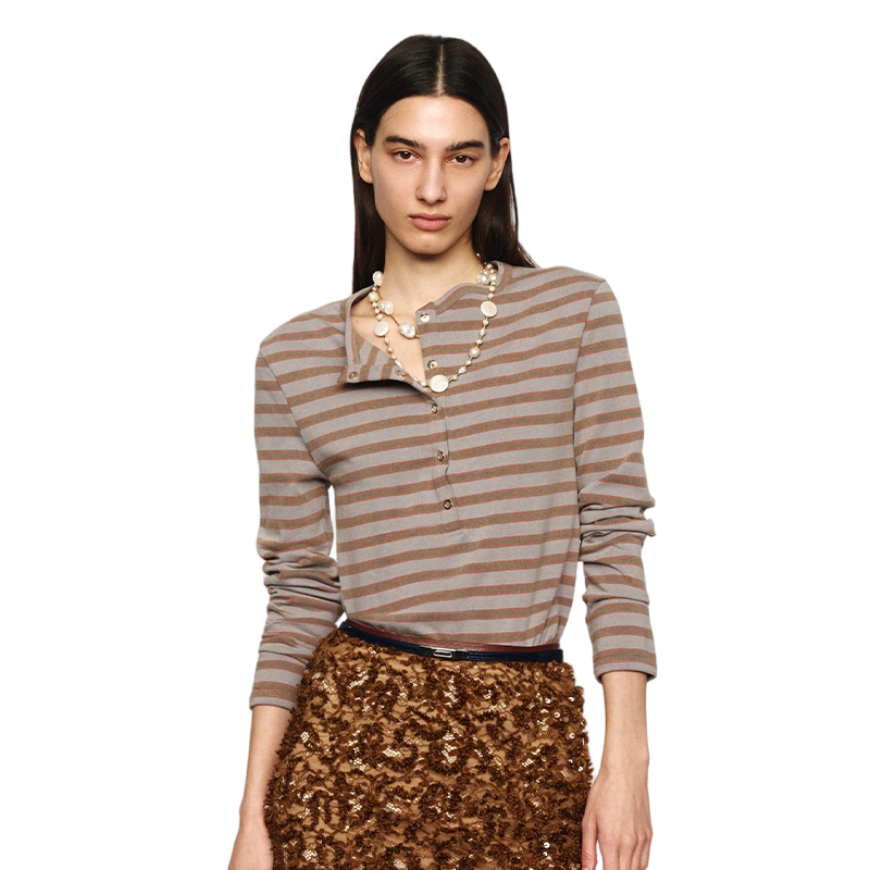 Brown Distressed Wave Collar Striped Long-Sleeve Tee
