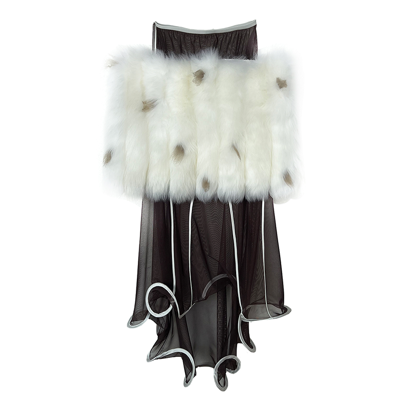 White Spotted Faux Fur Rolled-Edge Dark Brown Sheer Skirt